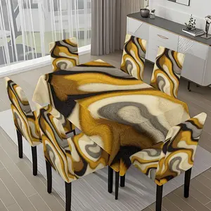5/7-piece 2D Flat Printing Yellow Gray Black Curve Splicing Printing Pattern Tablecloth and Chair Cover Set, for dining table and chair decoration, perfect for home, holiday gatherings, restaurants, and parties.
