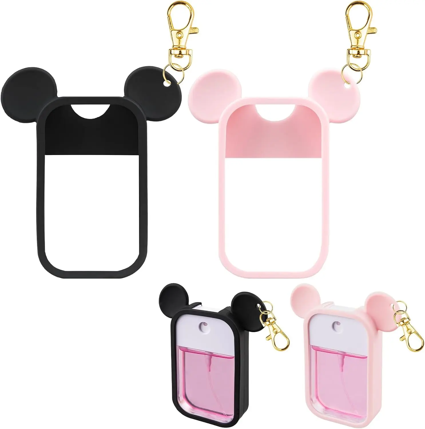 TERPINK 2 Pack Silicone Case Compatible with Touchland Hand Sanitizer Spray 1 fl oz, Mouse Design Protective Case with Keychain, Hand Sanitizer Spray Accessory (Black+Pink)