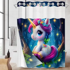 1pc hookless shower curtain with buckle lining, spring pink unicorn sitting on a tree branch design, 2D flat printing, fabric waterproof lining, see-through double shower curtain, 71 x 74 inches, modern home draping curtain.