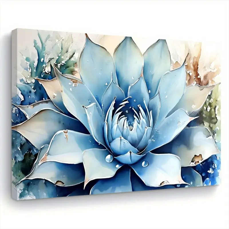 2D Flat, 1 Piece Turquoise Blue Succulent Flower Canvas Painting-Turquoise with Golden Green Tone, Wrap-around Wooden Frame, That Is, Hanging Modern Simple Wall Decoration, Suitable for Living Room, Bedroom, Kitchen-Housewarming Gift, suitable for Women a