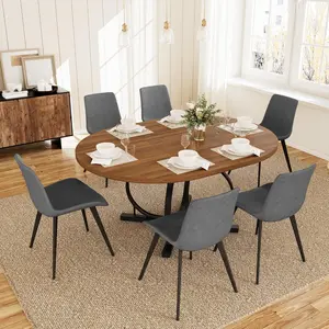 Extendable Round Dining Table Set for 6 People, 43.3"-59" Extendable Kitchen Table with 6 Upholstered Chairs, Space Saving for Kitchen Dining Room (Walnut Table+6 Grey Chairs)