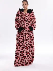 Elegant Coffee Color Leopard Print Flannel Bathrobe, Hooded Waist Belt Pocket Design, Unisex One Size Fits All, Soft Comfortable Homewear Gift