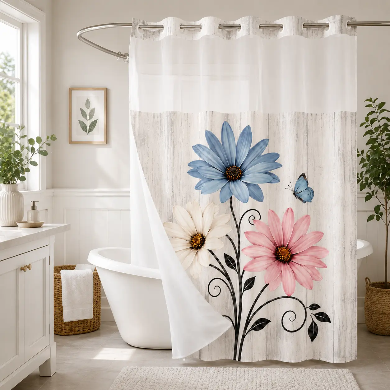 No hooks double-layer new colorful printed shower curtain, Waterproof fabric,Modern style home decoration, hotel, dormitory and bathroom accessories, 72x75in