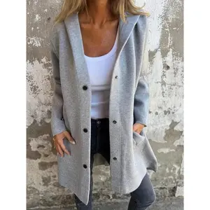 Women's Single Piece Autumn Winter Solid Color Casual Single-Breasted Hooded Jacket Coat Womenswear Tops