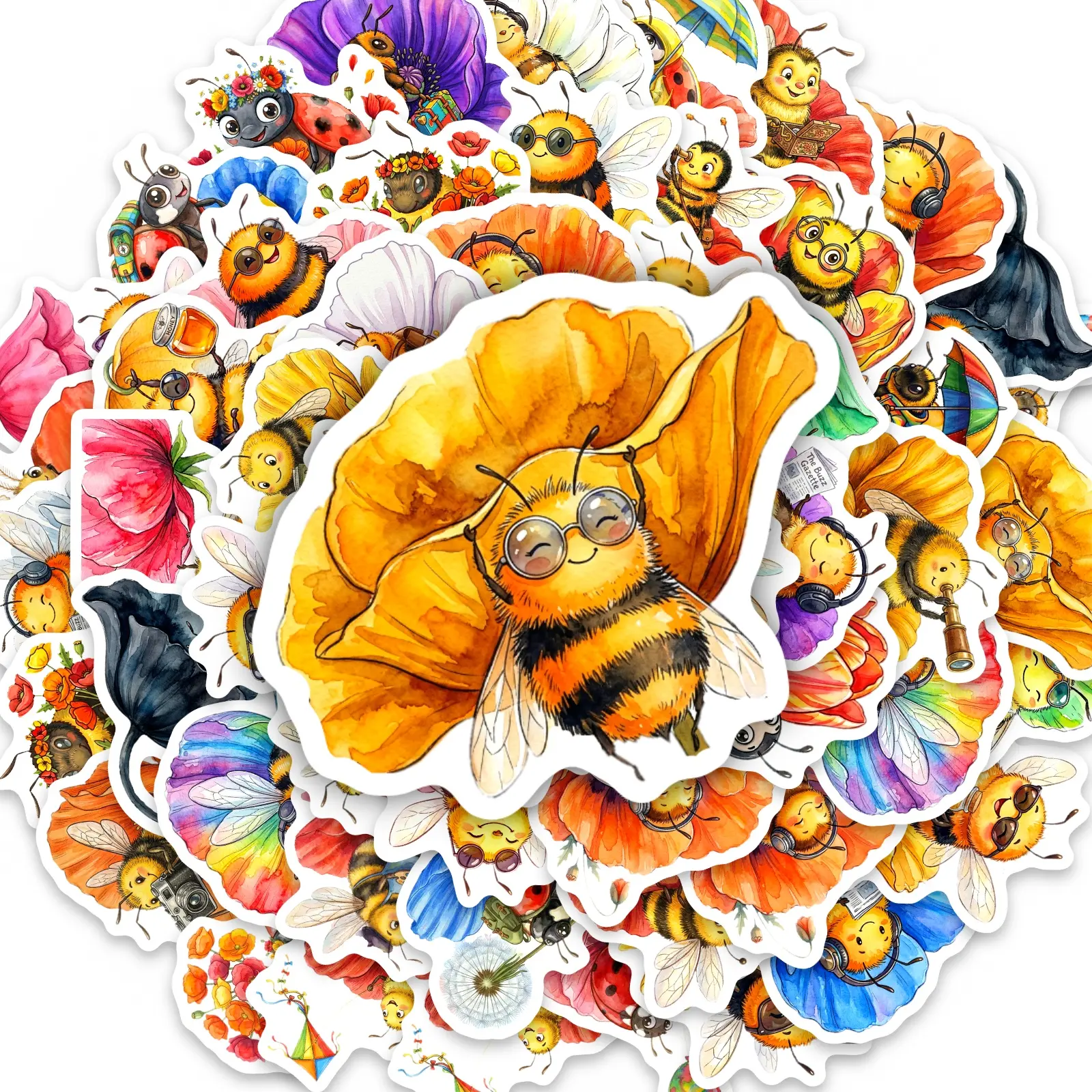 50pcs Cute Bee Watercolor Cartoon Stickers, Office Supplies and Notebook Accessories, Suitable for Scrapbooks, Diaries, Laptops, Water Bottles, Cars, Etc., Designed with Faith in Mind, Decal Set