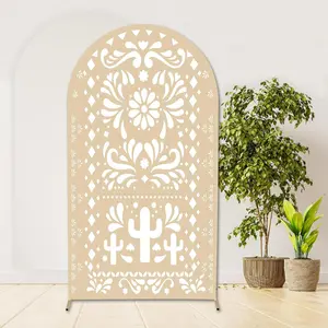 Mexico Beige Arch Backdrop Cover for  Shower Mexican Talavera Fiesta Wedding Bridal Shower Baptism Birthday Party Arched Wall Decoration Doubleside Banner Background 3.3x6.5ft
