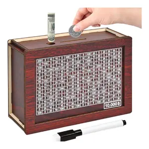 10000 Savings Challenge Box, Wooden Money Saving Piggy Bank for Adults Kids, Reusable, Targets 10k