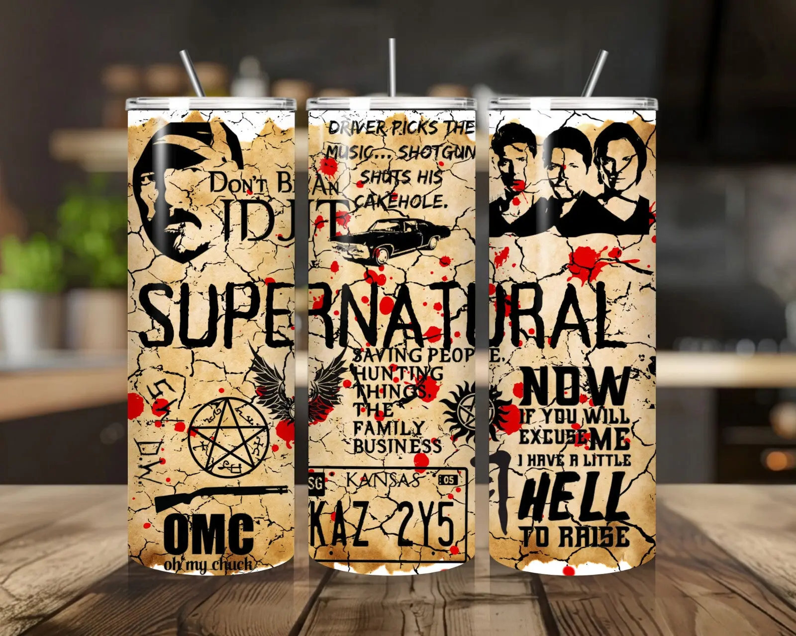 20 oz Supernatural Stainless Steel Tumbler with Lid, Straw
