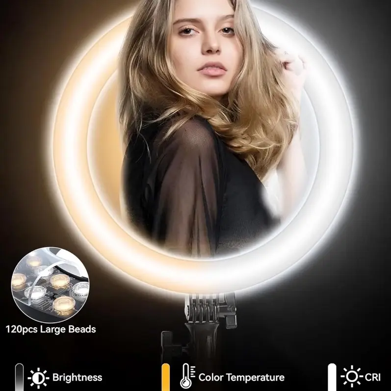21-in Plastic LED Ring Light Full Kit (Yellow-Warm-White LED Lighting) - Adjustable Brightness, Color Temperature, Remote, Selfie Function, 75-in Tripod, Smartphone Accessories, Storage Bag for YouTube Live, Online Meetings (Non-Smart Devices)