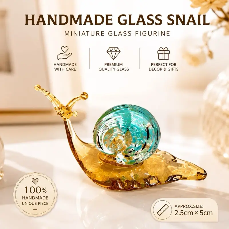 Handmade Mini Glass Snail Figurine | Tiny Glass Animal Desk Decor | Cute Collectible Ornament | Fairy Garden Gift