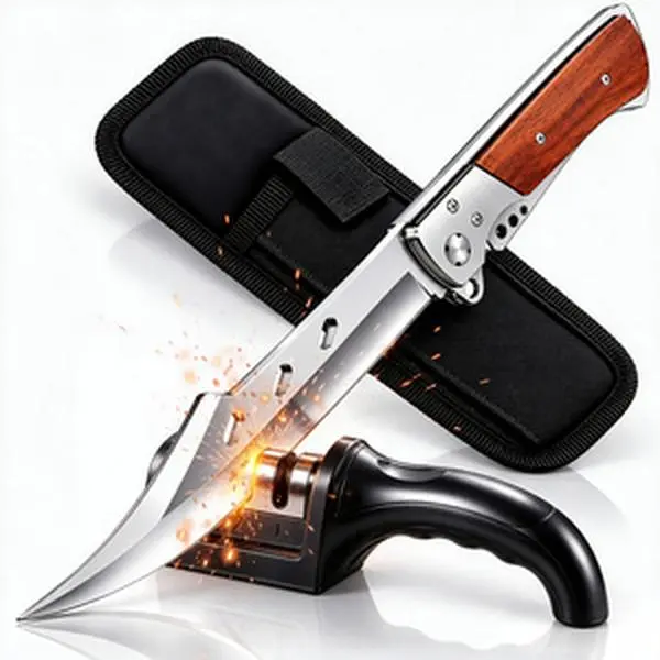 Long Blade Folding Knife with 3 in 1 Sharpener Heavy Duty Stainless Steel Blade Natural Rosewood Handle Multi Functional Knife with Foldable Handle Extender Outdoor Camping Hunting Hiking Exploration&Emergency Situations Work Knife for Adult