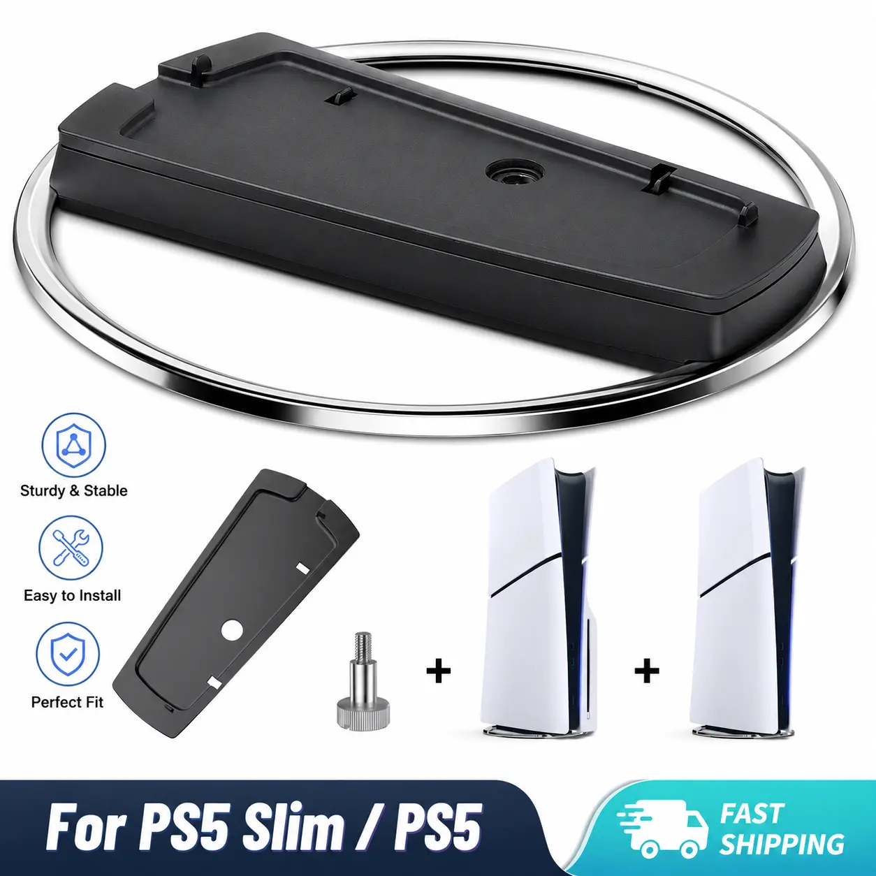 Use a chrome surface treatment safety screw to secure the black base official accessory with a vertical stand for all PS5 (applicable to standard and digital versions) Console Gaming Console