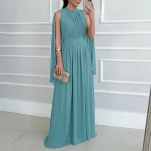 ChicMe Women's Elegant Capelet Chiffon Maxi Dress Sleeveless Flowy Evening Gown for Wedding Guest Ruched High Waist Modest Formal Dress for Women