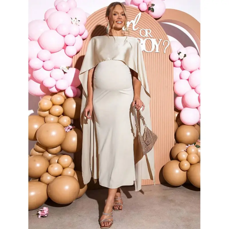 Elegant Maternity Party Solid Color Cape Sleeve Dress Gender Reveal Dress  Maternity Dress Baby Shower Dress