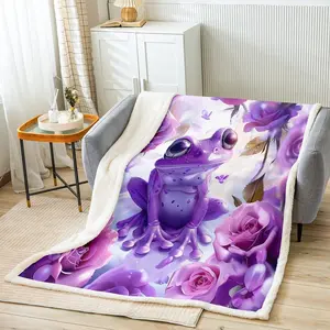 Cute Frog Kids Throw Blanket Purple Flower Frog Blanket for Couch Sofa,Cartoon Wildlife Floral Bed Blanket for Girls Adults Room Decor,Soft and Breathable Fleece Blanket