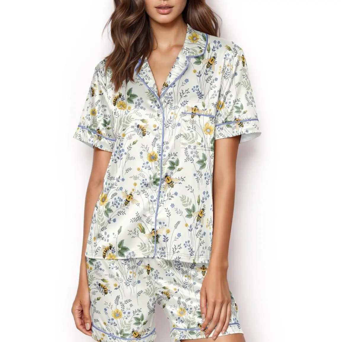 Bee Wildflower Satin Silky Pajama Set, Botanical PJs for Women, Nature Lovers Pajamas, Honeybee PJs, Beekeeper Gift, Gift For