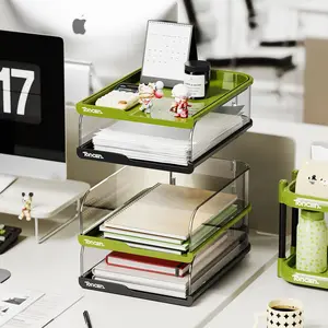 Langkes Multilayer Transparent Desktop File Organizer Office Document Holder Bookshelf Storage Box for Desk Organization and Dopamine Decor