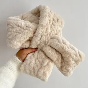 Women’s Plush Winter Scarf - Solid Color Polyester Knit, Soft Warm Lightweight Casual Style For Daily & Weekend Wear, Beige & Khaki & White