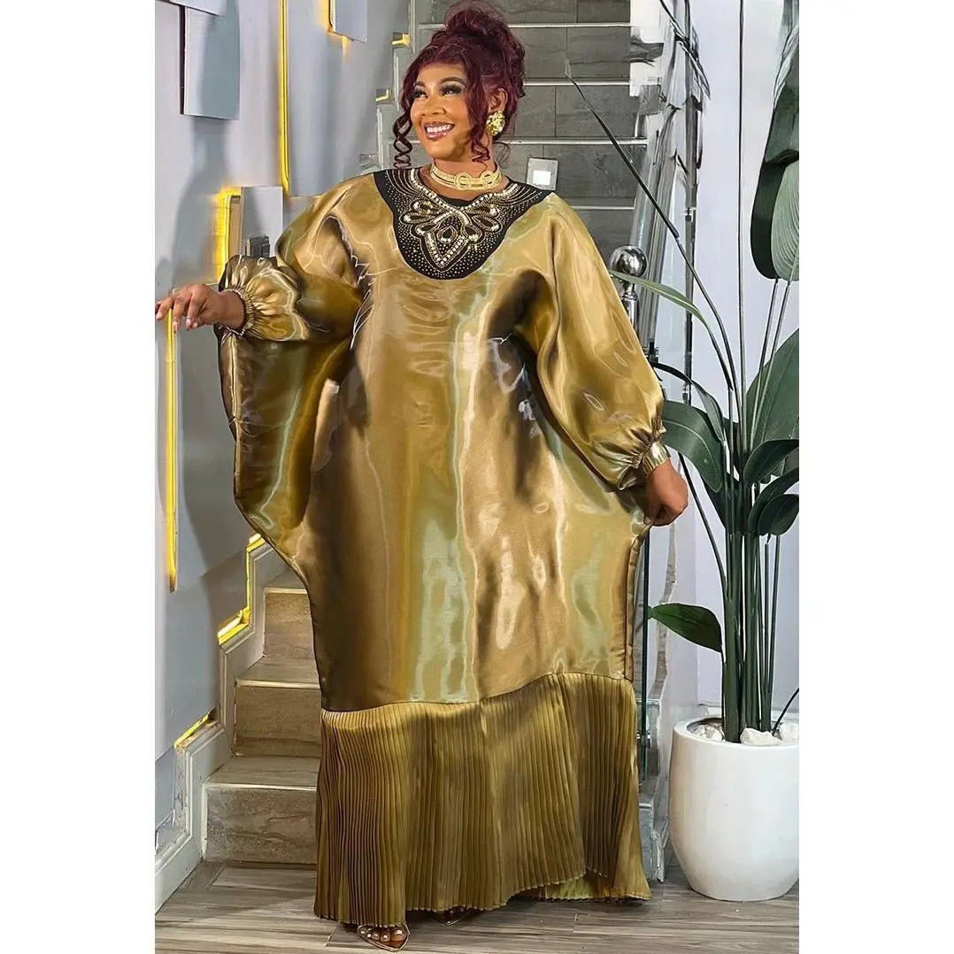 Luxury Gold Liquid Organza Beaded Embellished Pleated Kaftan Maxi Dress for Mother of The Bride Photoshoot Birthday Party Church Anniversary African Bubu Gown Wedding Guest Outfit