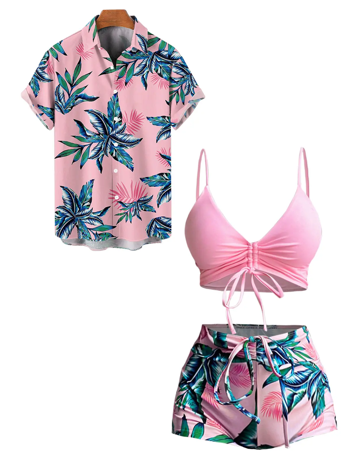Hawaii Couple Outfit Women's Solid Color Cinched Swim Top Tropical Plant Leaf Pattern Bowknot Boyshorts Tankini Set and Men's Roll Up Sleeve Shirt Vacation Outfit