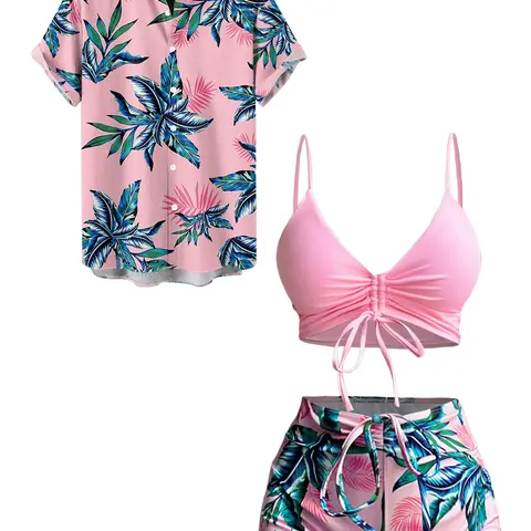 Hawaii Couple Outfit Women's Solid Color Cinched Swim Top Tropical Plant Leaf Pattern Bowknot Boyshorts Tankini Set and Men's Roll Up Sleeve Shirt Vacation Outfit