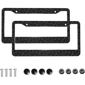 Black Leopard Print License Plate Frame - Leopard Personalise 2 Pack License Plate Covers Aluminum Metal Auto Car Tag Holder with 2 Holes 12.3" x 6.3"in Equipped with Screws for Women/Men Frames
