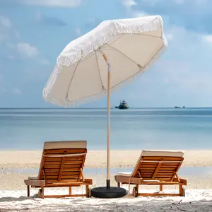 Sunnyard 6FT Patio Beach Umbrella with Fringe, Wooden Beech Pole & 8 Fiberglass Ribs, Manual Push Lift with 30° Tilt, Beach Umbrella for Sand, Outdoor Umbrella for Patio, Garden, Yard, Pool (Cream White)