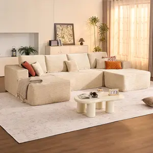 ModMood Compress Sofa Sectional Boneless Corduroy Cloud Sofa 133x70" Extra-Large Retro-Chic Fabric 7 Pillows Modular U-Shaped Movable Ottoman No Assembly Pet Kid Friendly Fluffy Memory Foam Modern Modular sectional  couches family living room