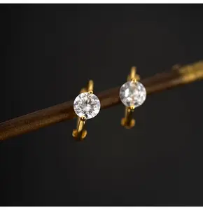 2pcs/1 pair S925 sterling silver 18k gold plated single diamond earrings for women, super sparkly, simple and exquisite ear cuffs and ear cartilage.
