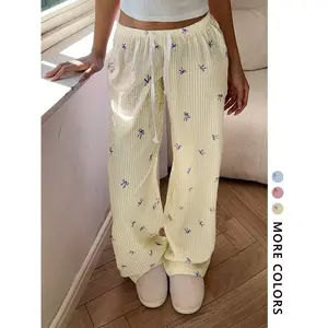 Women’s striped print sports pants with bow decoration; casual, comfortable casual pants; all-season women’s underwear, pajamas, and loungewear