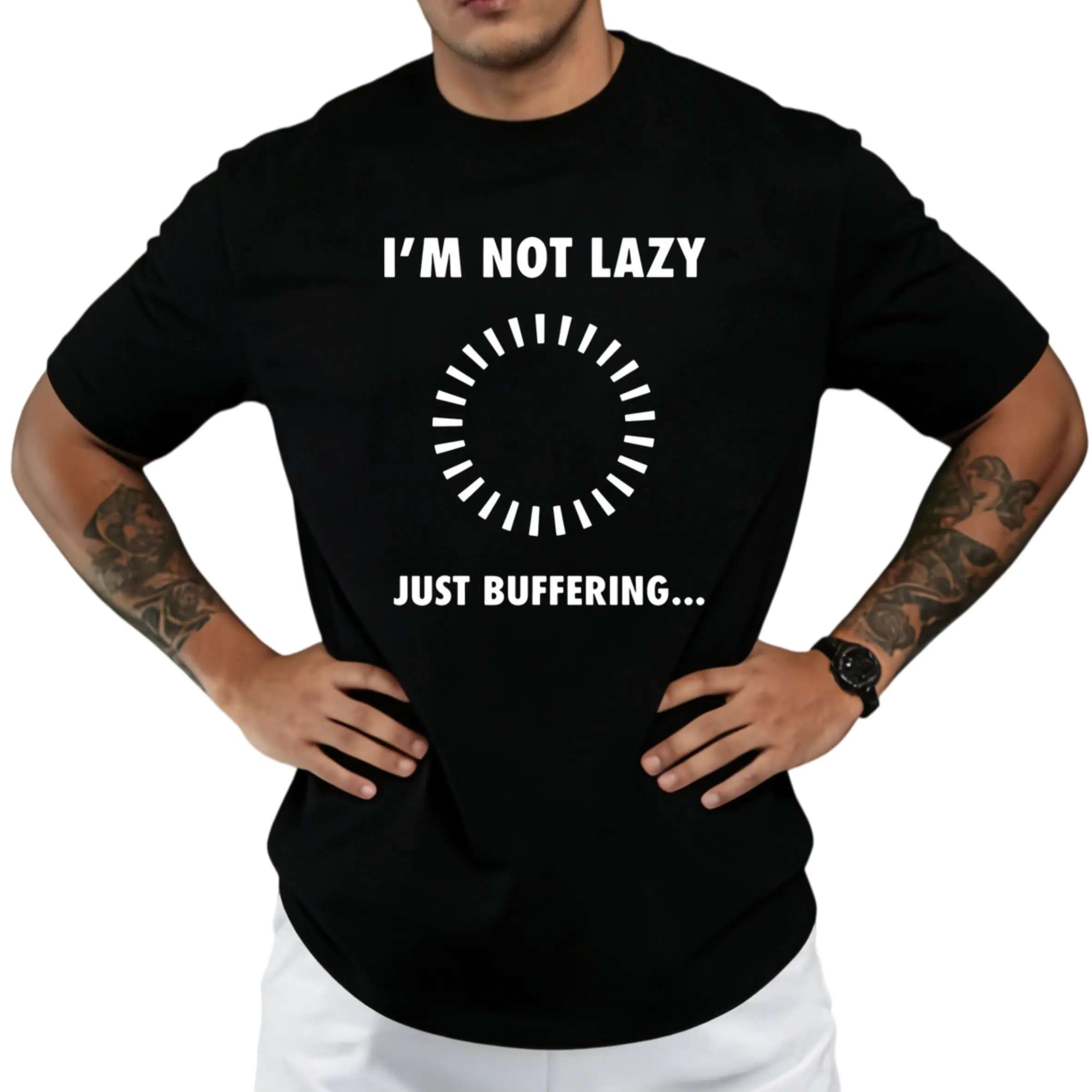 Menswear Casual Short-Sleeve Graphic T-Shirt - "I'm Not Lazy Just Buffering" Funny Coding Joke Gift for Programmers, 100% Cotton, S-XXXL, Geek Apparel with Buffer Icon Loading Symbol