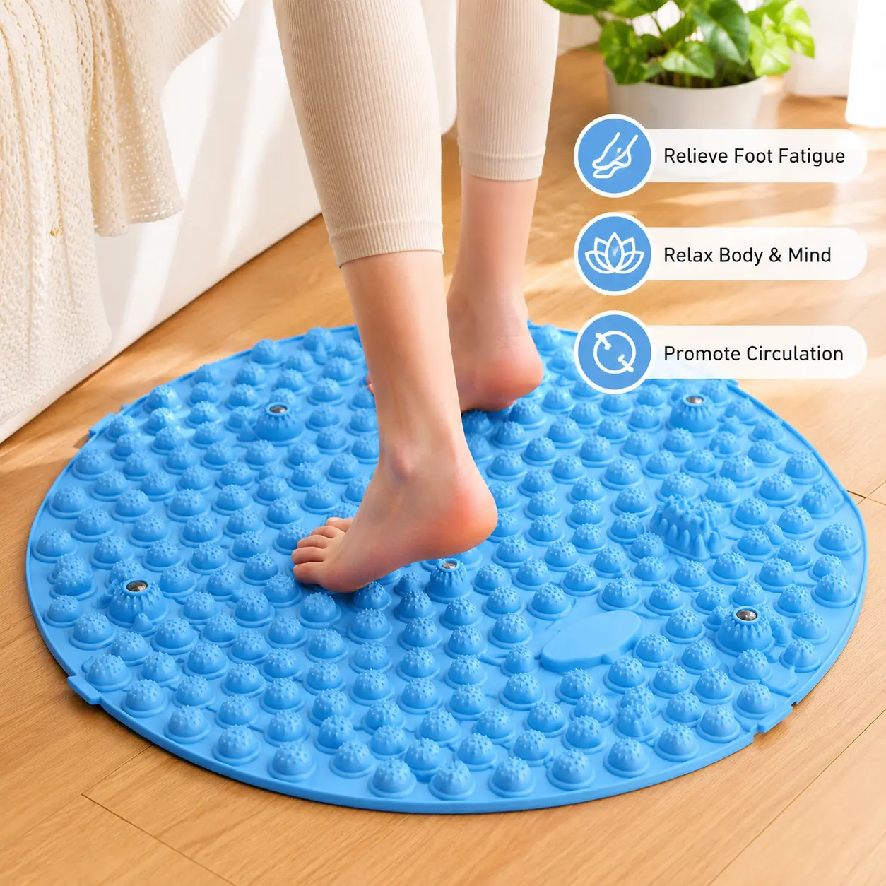 1 Count, Blue Foot Massage Mat with Raised Acupoints and Embedded Magnetic Stones, Spliceable Flexible Pad for Indoor Foot Pressure Stimulation