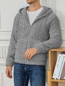 Men's Winter Fleece Hooded Jacket, Flax Texture Plush Open Front, Drawstring Hood Loose Fit, Casual Lazy Style Warm Top