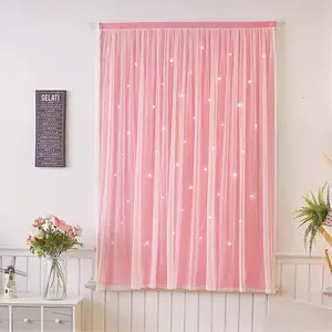Starry Two-Layer Curtains, No-Drill Bedroom Girl Style Light Blocking Drapes, Balcony Window Windproof Sheer Curtain with Magic Tape