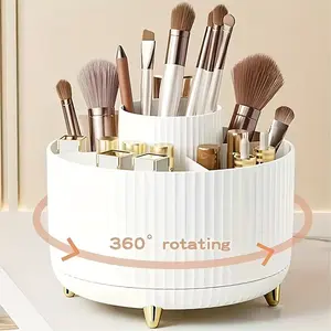 Durable 360° Rotating Makeup Storage Box, Multifunctional Plastic Organizer with 5 Compartments, Stores Brushes, Lipsticks, Skincare, Stationery, Rotatable Cosmetic Organizer