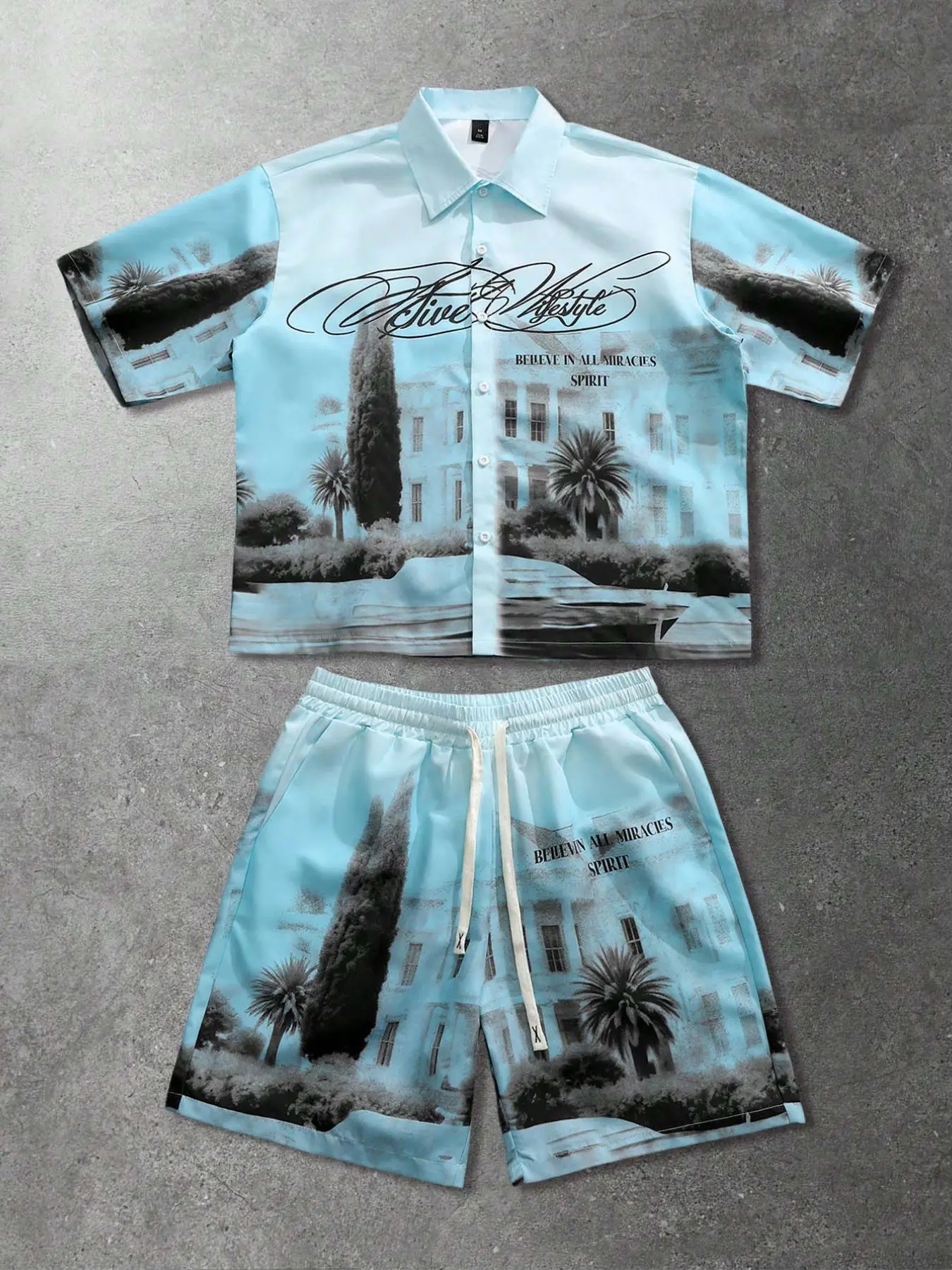 Summer Men's American Vintage Vacation Style Light Blue Tropical Landscape Print Short Sleeve Shirt and Shorts Set, Casual Beach Resort, Menswear, Clothes
