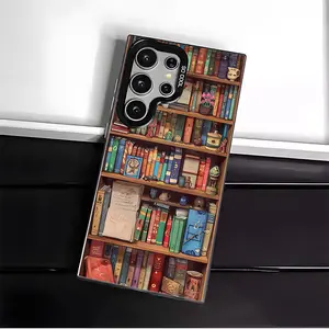 Cartoon Bookshelf Pattern Phone Case for SAMSUNG GALAXY S22 S23 S24 S25 FE ULTRA PLUS Hard TPU PET PC Black White Stylish Gift Ideas Anti-drop Cellphone Protective Shell Shockproof Protector Mobile Phone Cover
