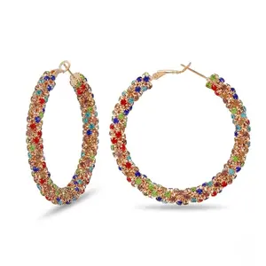 Multicolor Rainbow Rhinestone Big Hoop Earrings, Statement Slenderizing Design for Women, Trendy Party Daily Wear Bling Jewelry, Zinc Alloy Exquisite Craftsmanship