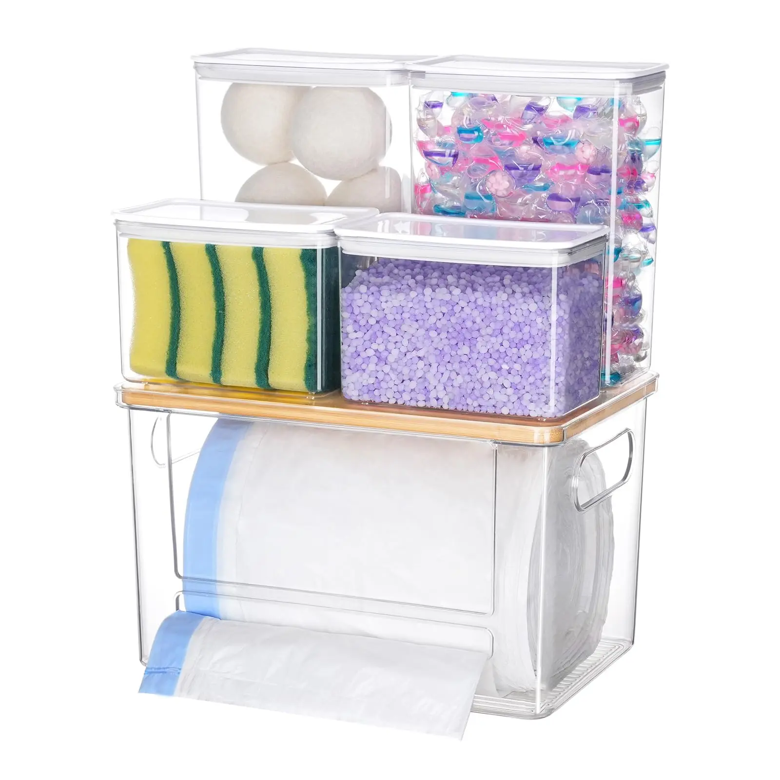 5-in-1 Acrylic Space-Saving Holder - Multi-Compartment Trash Bag Dispenser, Dishwasher Pods & Laundry Detergent Powder Container for Kitchen Under Sink, Pantry Organization, 5-In-1 Holder