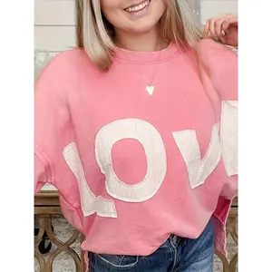 Women Pink Love Sweatshirt Oversized Crew Neck Long Sleeve Cozy Valentine Pullover Cute Winter Casual Top