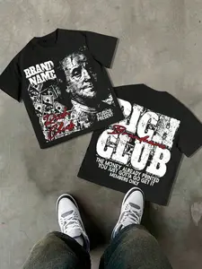 Men's Casual Sports Short Sleeve Top, athletic style activewear, Dollar Money Club Print, Comfortable Round Neck Tee for Outdoor Gym Shopping, Trendy Loose Fit Men's Shirt