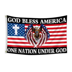 1pc, God Bless America Flag Banner,  One Nation Under God, Eagle, 2*3ft(60*90cm) /3x5ft (90*150cm), 2 Grommets, Single-Sided Printing, for Indoor, Outdoor, Home, Party, Activities, Garden, Patriotism, Wall Decor
