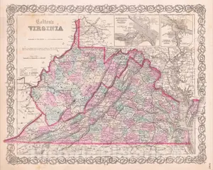 Virginia - County Map with Inset Plans, 1856 | Historical Map Print