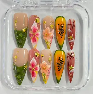 Tropical Papaya Flower Press On Nails, Hibiscus Floral Design, Green Jelly Bubble French Tips, Gold Starfish Beach Art, Summer Vacation Handmade Press Ons