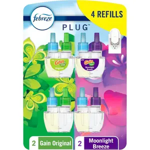 Febreze Odor-Fighting Fade Defy PLUG Air Freshener, Gain Moonlight Breeze, Gain Original, 0.87 fl. oz. Oil Refills, 4 Refills (2 of Each)