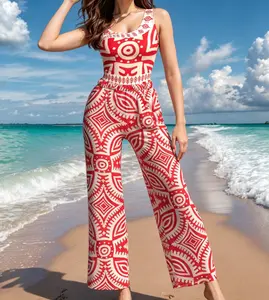Red & White Tribal Print Two-Piece Swimwear Set - Asymmetrical One-Shoulder Monokini with Geometric Aztec Pattern, Matching High-Waist Wide Leg Beach Pants with Coordinating Print, Bohemian Resortwear Summer Vibes