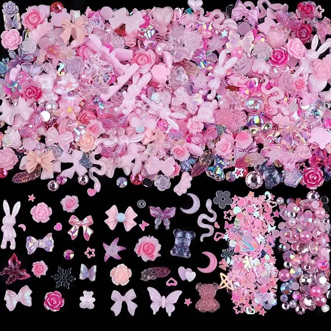 300Pcs Nail Art Charms Kit (Pink) – Over 100 Resin Gems, 100 Flatback Rhinestones & Pearls, 100+ Sequins for DIY Nail Art & Manicure Design