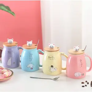 Cute Cartoon Couple Cat Ceramic Water Cup, Adorable Cat Lid Spoon Coffee Mug, Breakfast Milk Gift Mug, Normal Specifications