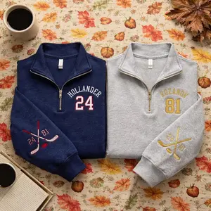 Hockey Embroidered Quarter Zip Sweatshirt, Personalized Name Number Pullover, Varsity Half Zip, Sports Team Gift, Matching Couple Top