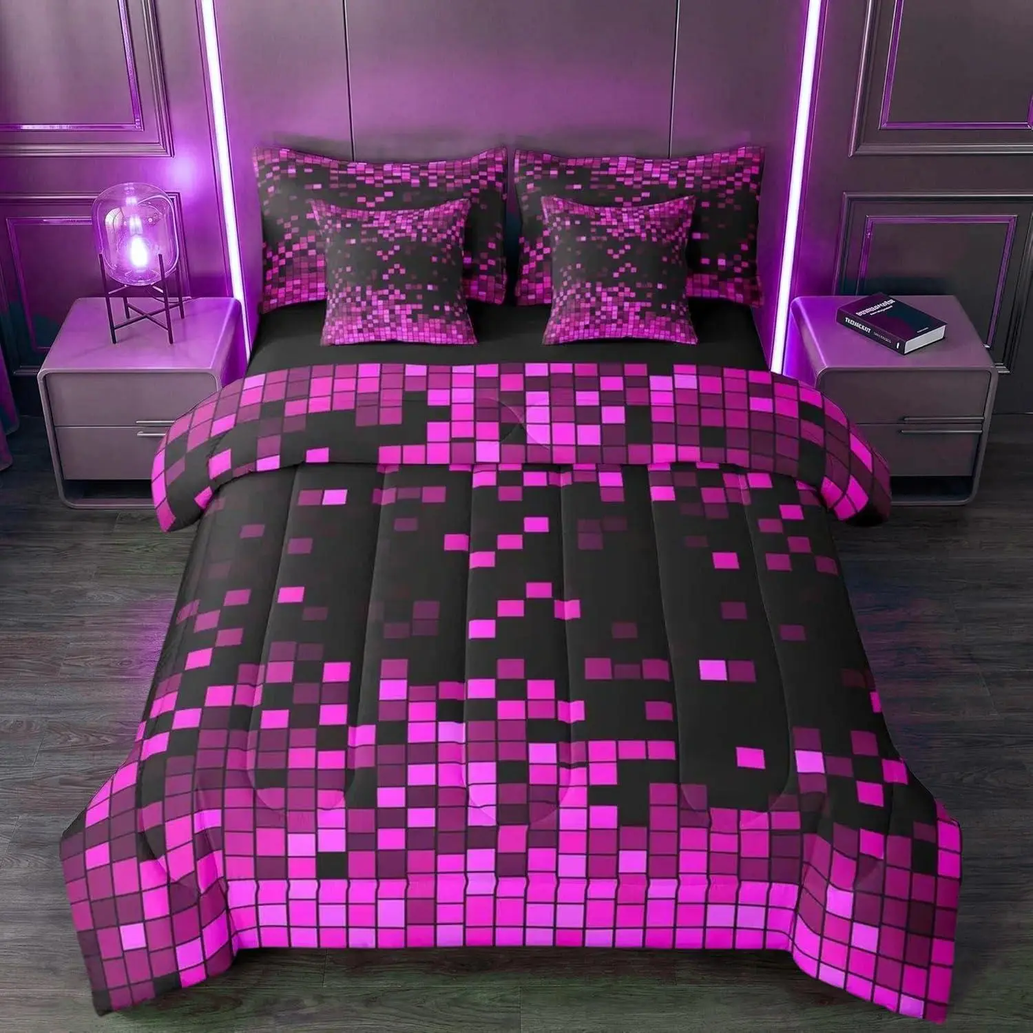 Purple Black Retro Pixel Art Comforter Set with Sheets 7 Piece Gaming Room Bed in a Bag Kids Boys Girls Retro Pixel Bedding Set Gamer Room Decor Bedroom Decor Microfiber